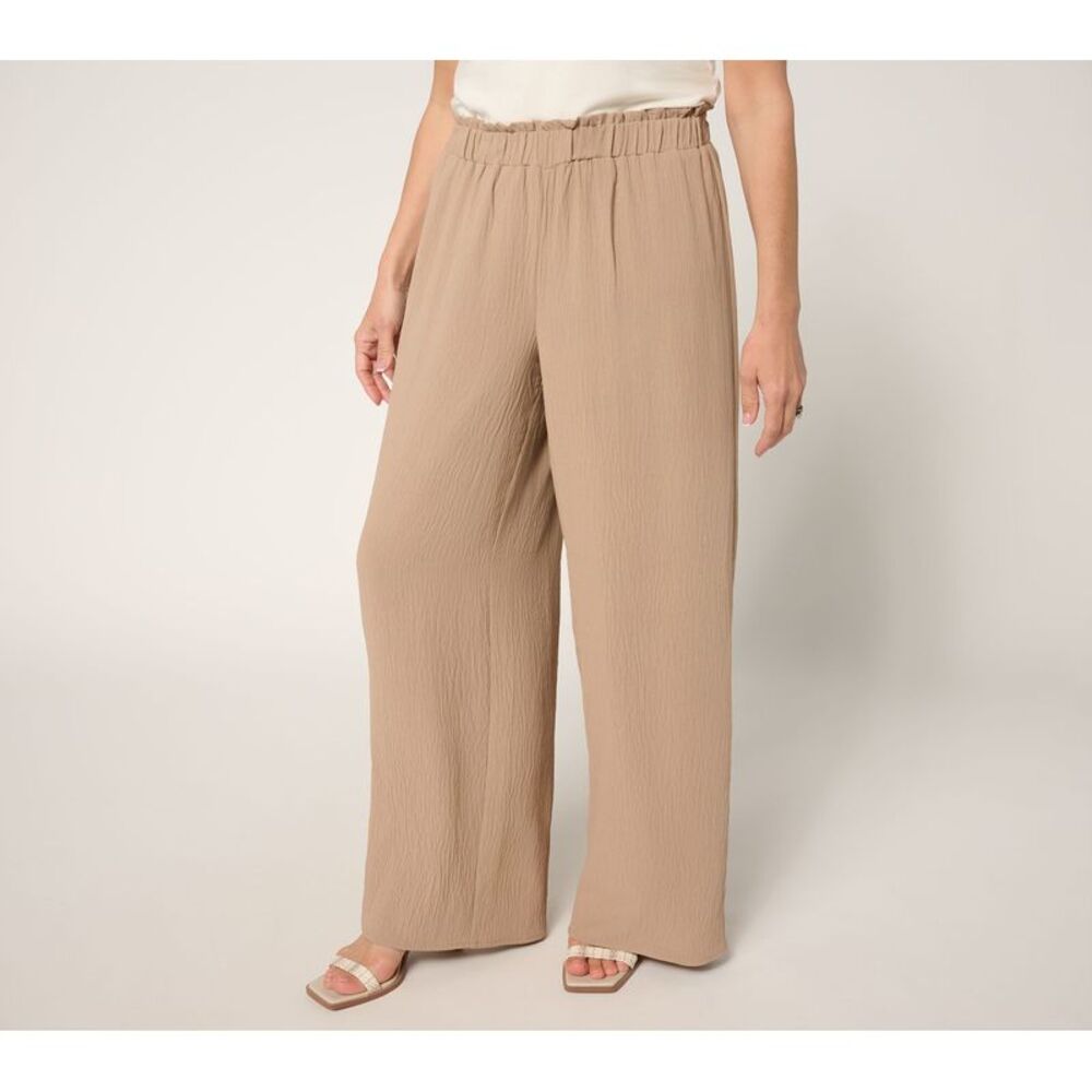 Susan Graver Women's Plus Sz Pants 1X Crinkled Woven Pull-On Brown A692185